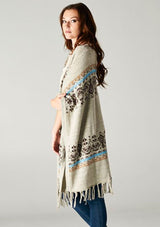 [Color: Lt Taupe/Coffee] A bohemian fringed poncho sweater