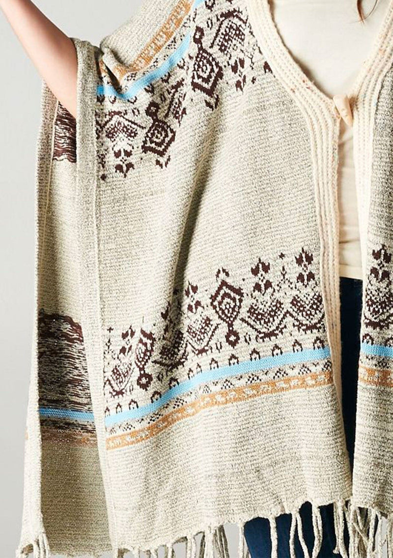 [Color: Lt Taupe/Coffee] A bohemian fringed poncho sweater