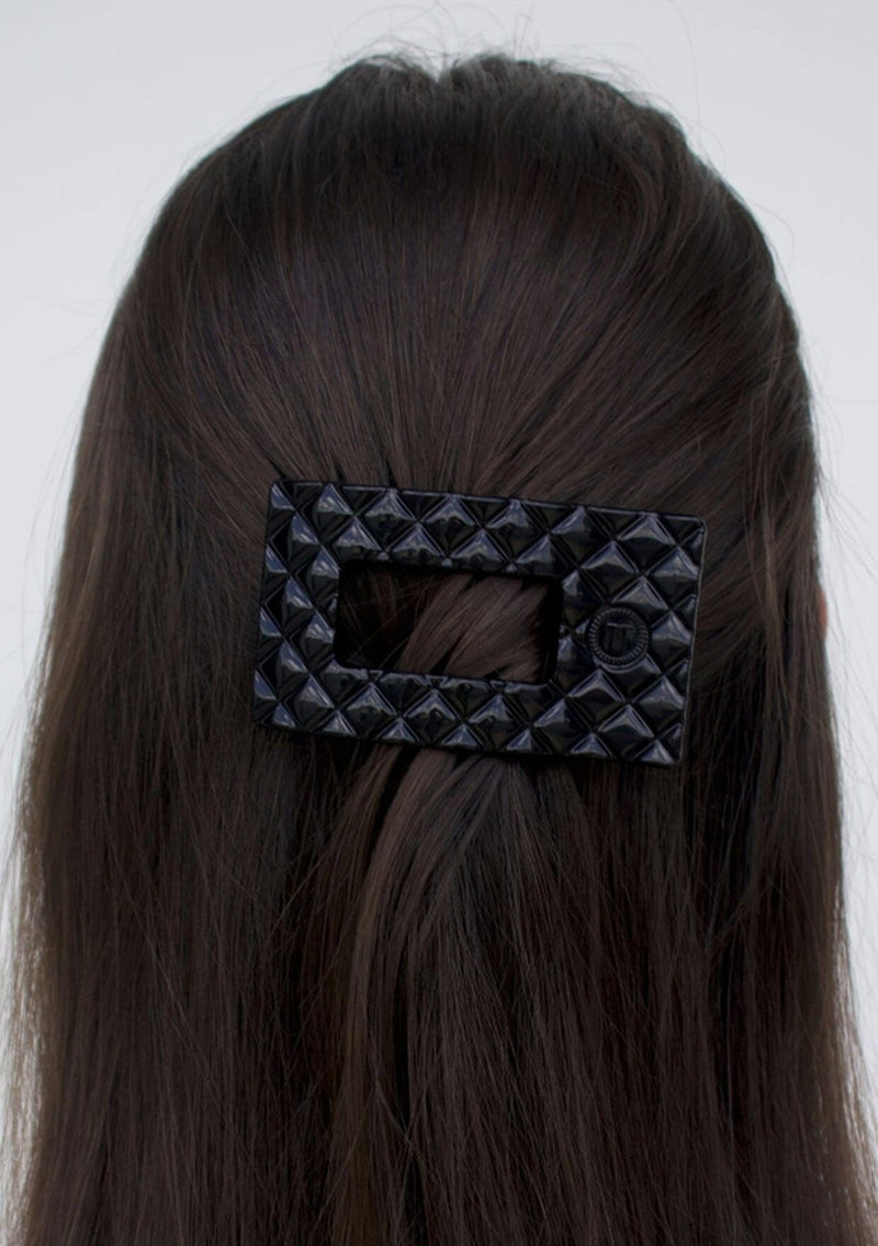[Color: Black] Black quilted flat rectangle hair clip made by TELETIES