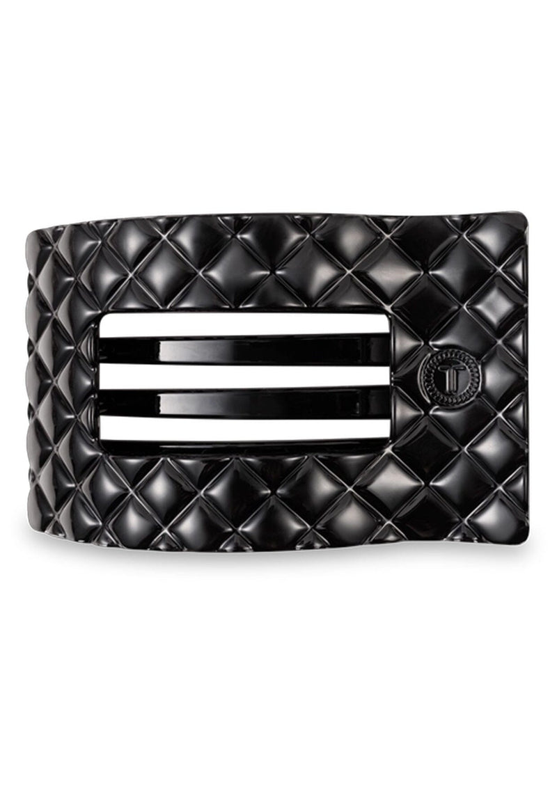 [Color: Black] Black quilted flat rectangle hair clip made by TELETIES