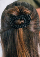 [Color: Black] Black quilted flat round hair clip made by TELETIES