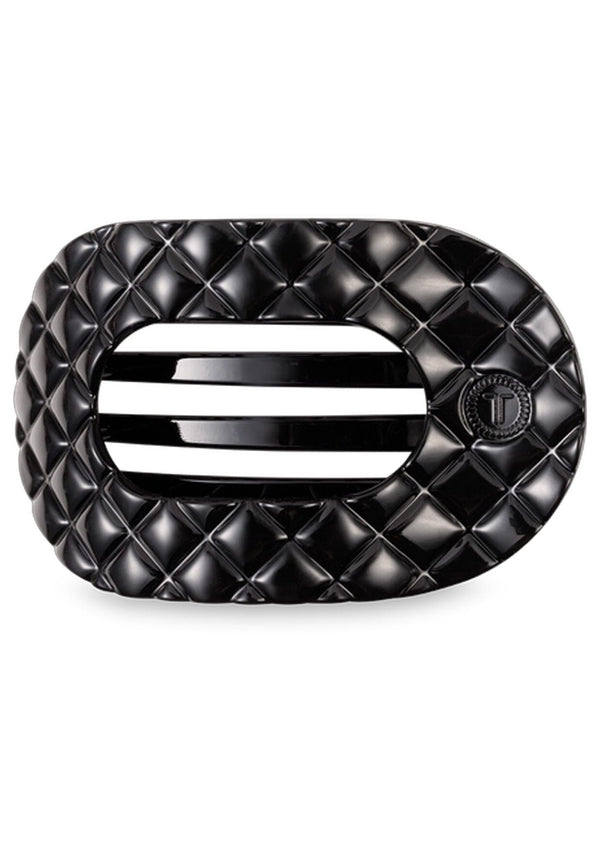 [Color: Black] Black quilted flat round hair clip made by TELETIES