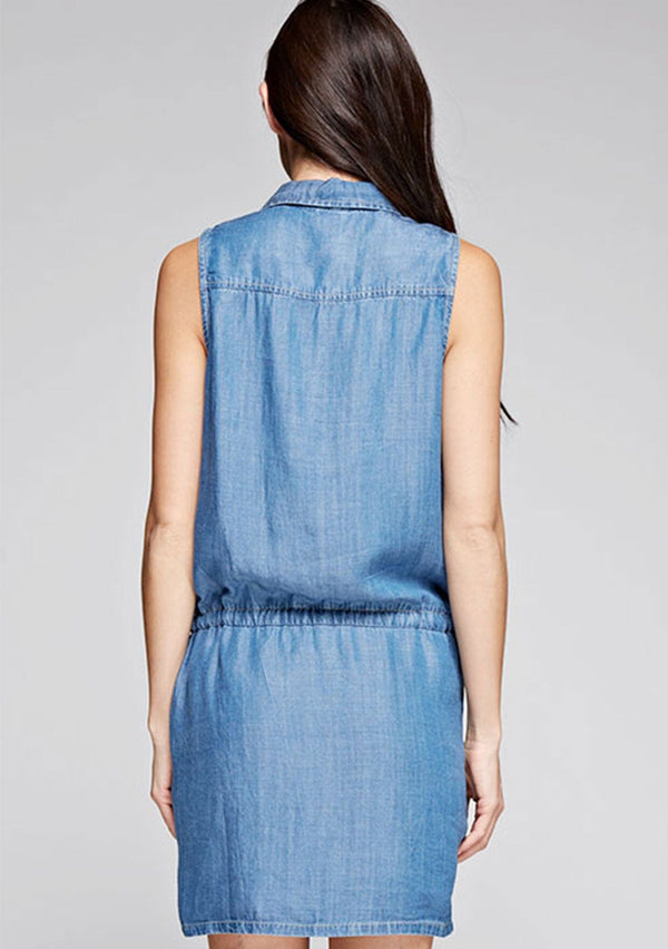 [Color: Vintage Wash] A sleeveless mini shirt dress made with Tencel. 