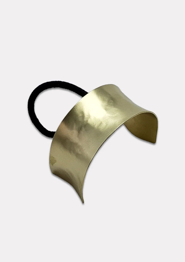 [Color: Brass] A decorative hair tie with attached brass crown. Handcrafted in the USA. 