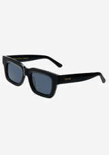 [Color: Black]: Rectangular style sunglasses with a blue lens in a black frame. 100% UVA/UVB protection.