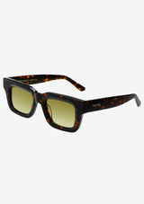[Color: Tortoise]: Rectangular style sunglasses with a green lens in a brown tortoise frame. 100% UVA/UVB protection.