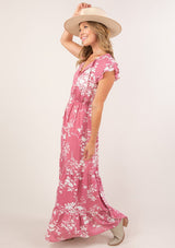 [Color: Dusty Rose] Adorable tiered ruffle hem maxi dress with ruffle sleeve and white floral print