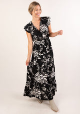 [Color: Black] Adorable tiered ruffle hem maxi dress with ruffle sleeve and white floral print