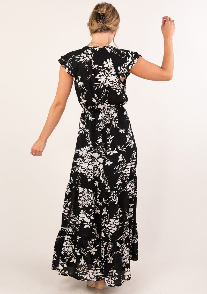[Color: Black] Adorable tiered ruffle hem maxi dress with ruffle sleeve and white floral print