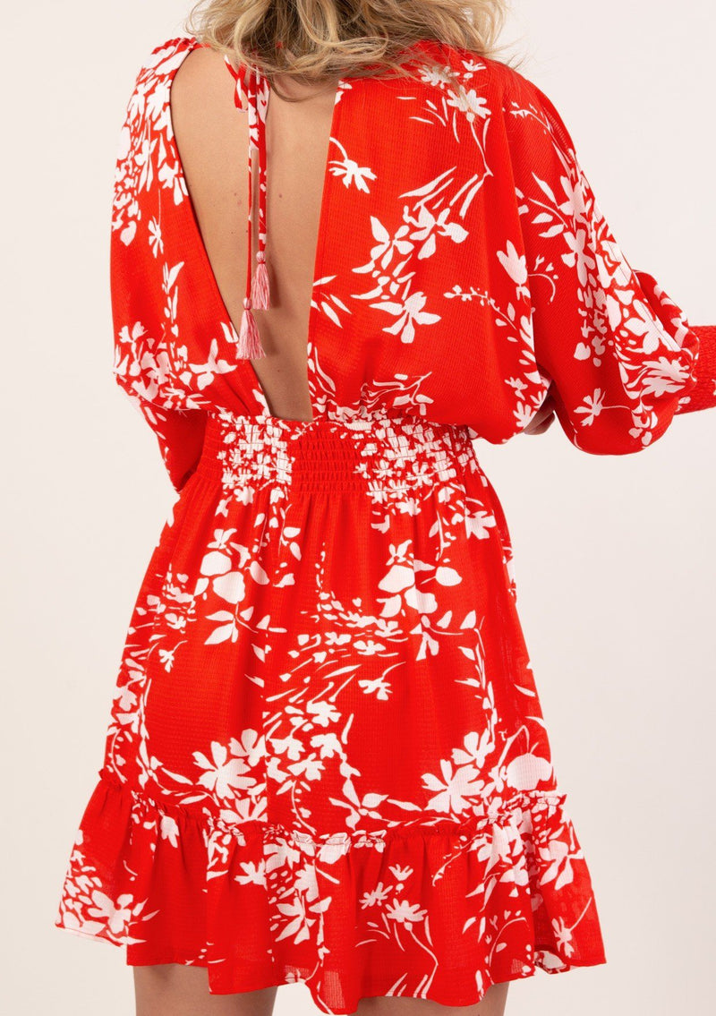 [Color: Fire] Adorable trending red floral mini dress with an open back detail and split long sleeves