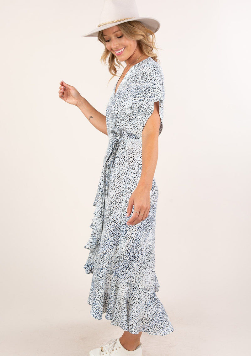 [Color: Ivory Blue] Feminine ruffle hem wrap dress with leopard print white and light blue V neckline