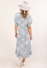 [Color: Ivory Blue] Feminine ruffle hem wrap dress with leopard print white and light blue V neckline