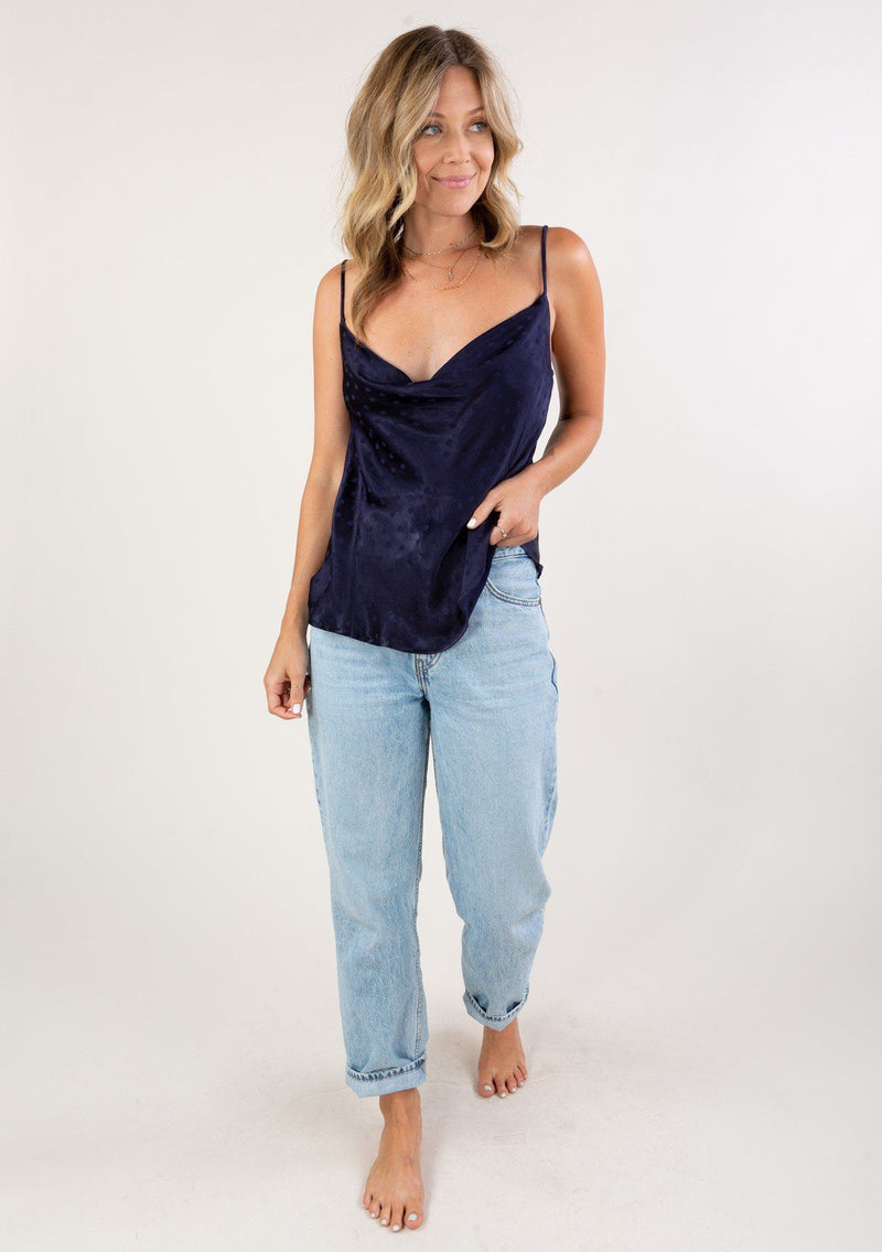 [Color: Navy] Silky camisole tank top with cowl neck and subtle dot print