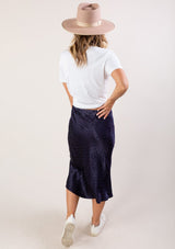 [Color: Navy] Chic silky mid length skirt with subtle dot print detail