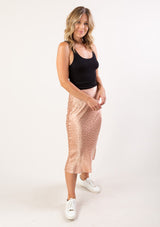 [Color: Blush] Chic silky pink mid length skirt with subtle dot print detail