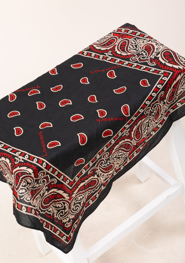 [Color: Black Red] Lovestitch black and red bandana or head scarf with cute paisley print