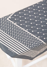 [Color: Grey] A timeless and essential bohemian accessory, our square bandana features a dot and stripe print border, mini hearts, and alternating Love and Peace printed throughout. 
