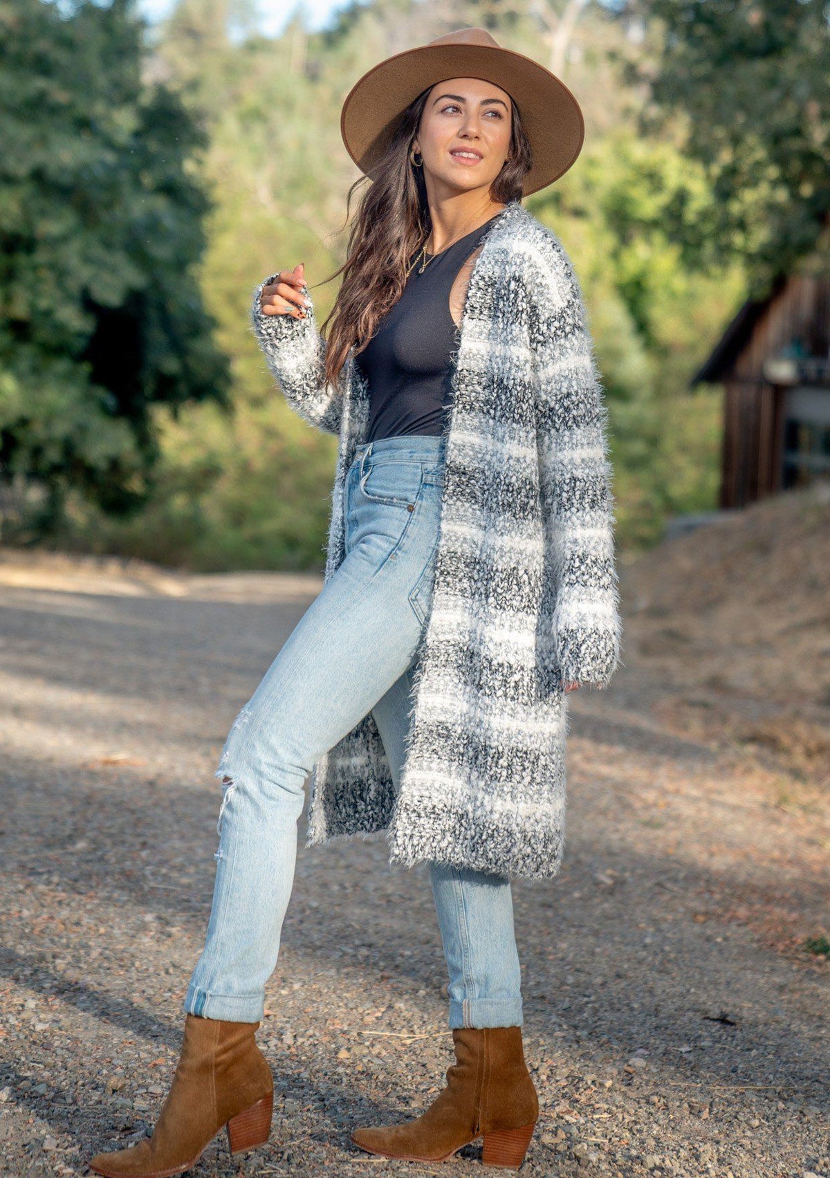 Striped Fuzzy Popcorn Open Coatigan | LOVESTITCH