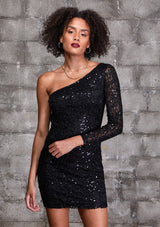 [Color: Black] An ultra sexy mini dress featuring a long sleeve one shoulder detail and light catching sequins sewn throughout. The ultimate party dress, just when we need it most. 