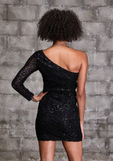 [Color: Black] An ultra sexy mini dress featuring a long sleeve one shoulder detail and light catching sequins sewn throughout. The ultimate party dress, just when we need it most. 