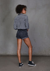 [Color: Charcoal] An ultra soft tie front top, featuring front flap patch pockets, button tab rolled sleeves and a trendy tie front detail. Paired here with denim.