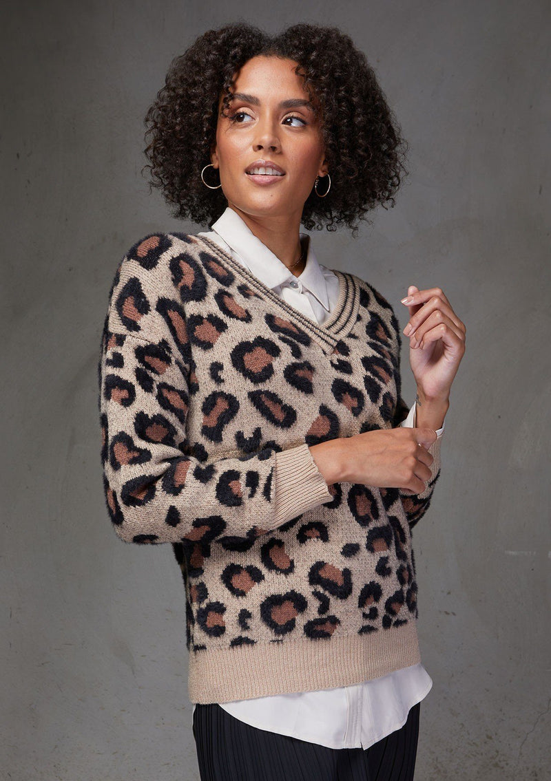 [Color: Khaki Leopard] Chic fuzzy leopard print pullover sweater with v neckline