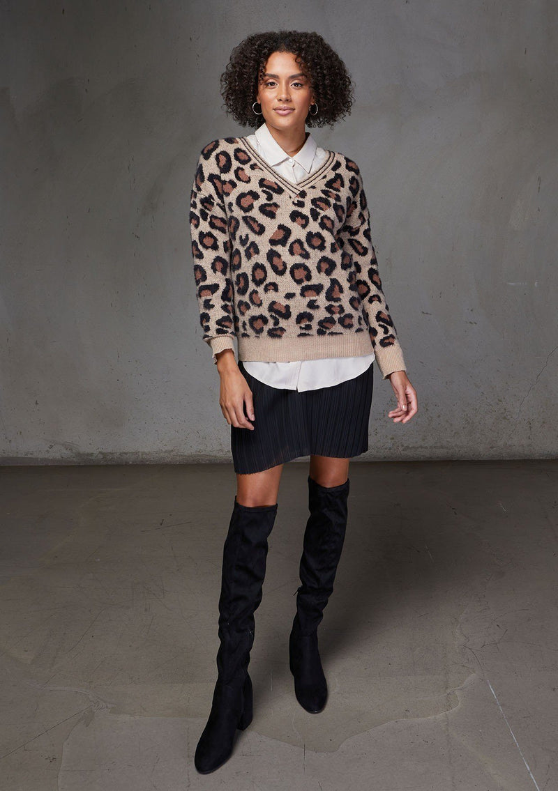 [Color: Khaki Leopard] Chic fuzzy leopard print pullover sweater with v neckline