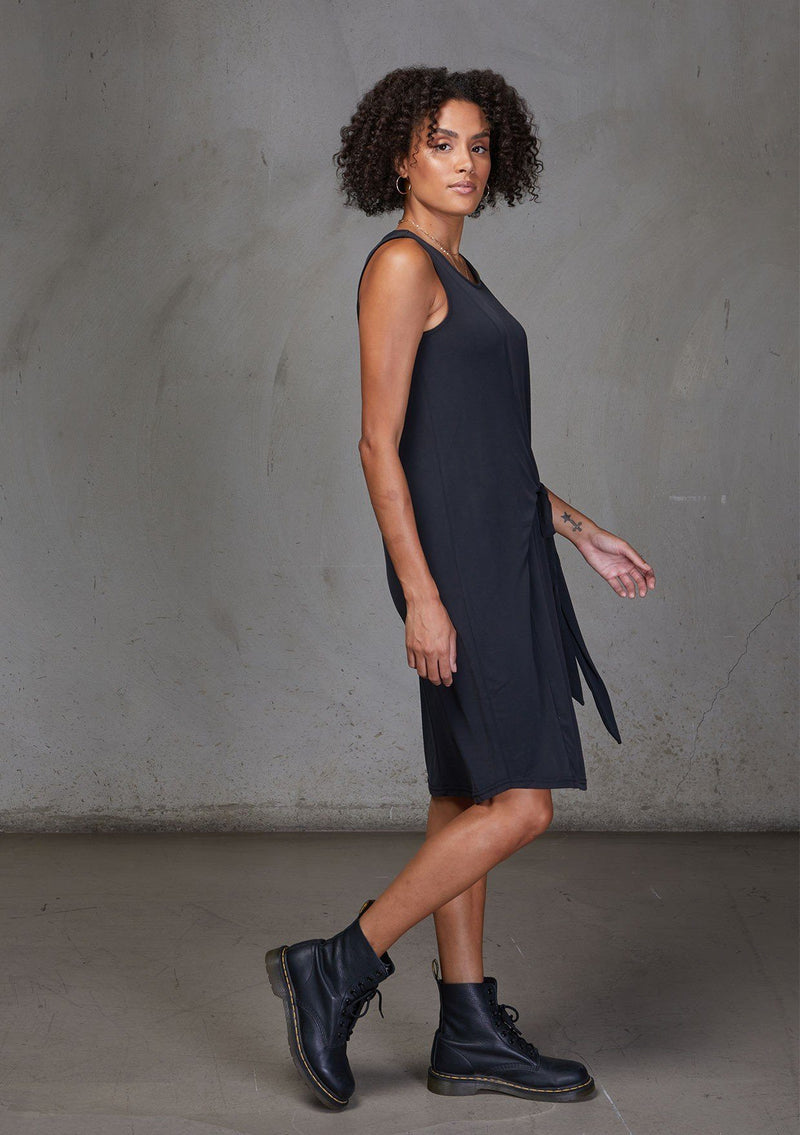 [Color: Black] A modal blend tank dress. Featuring a flattering scooped neckline and tie front detail for definition.