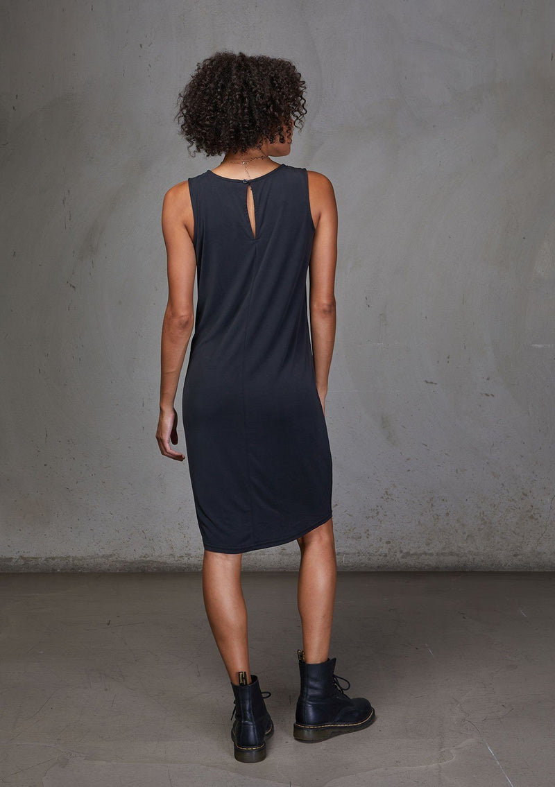 [Color: Black] A modal blend tank dress. Featuring a flattering scooped neckline and tie front detail for definition.