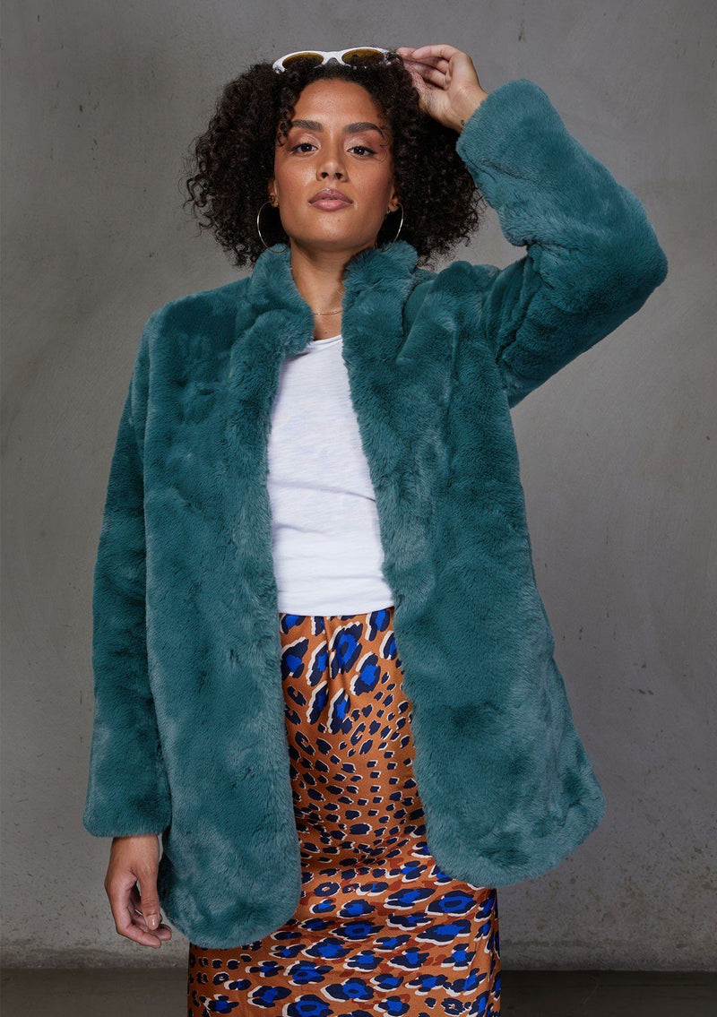 [Color: Vintage Pine] An ultra luxe faux fur statement coat in bright bold color. Featuring essential side pockets, a silky lining, and a soft hand feel.
