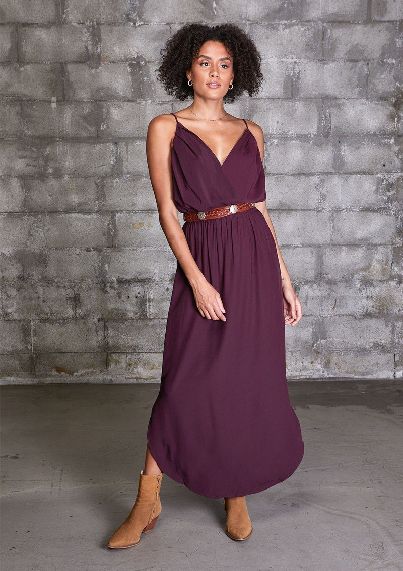 [Color: Eggplant] It does not get much better than this stunning maxi dress. Featuring a sexy low back, a deep v neckline wrap top, and subtle side slits for movement. 