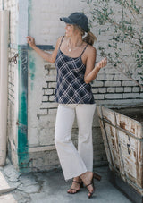 [Color: Navy] A lightweight cotton plaid camisole featuring a sexy wrap back detail with side tie closure, double spaghetti straps, and a flattering scooped neckline. An ultra cute style that is paired here with denim and heeled sandals.