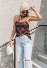 [Color: Burgundy] A lightweight cotton plaid camisole featuring a sexy wrap back detail with side tie closure, double spaghetti straps, and a flattering scooped neckline. An ultra cute style that is paired here with denim and heeled sandals.