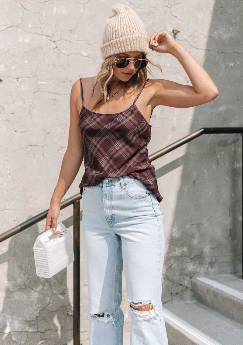 [Color: Burgundy] A lightweight cotton plaid camisole featuring a sexy wrap back detail with side tie closure, double spaghetti straps, and a flattering scooped neckline. An ultra cute style that is paired here with denim and heeled sandals.