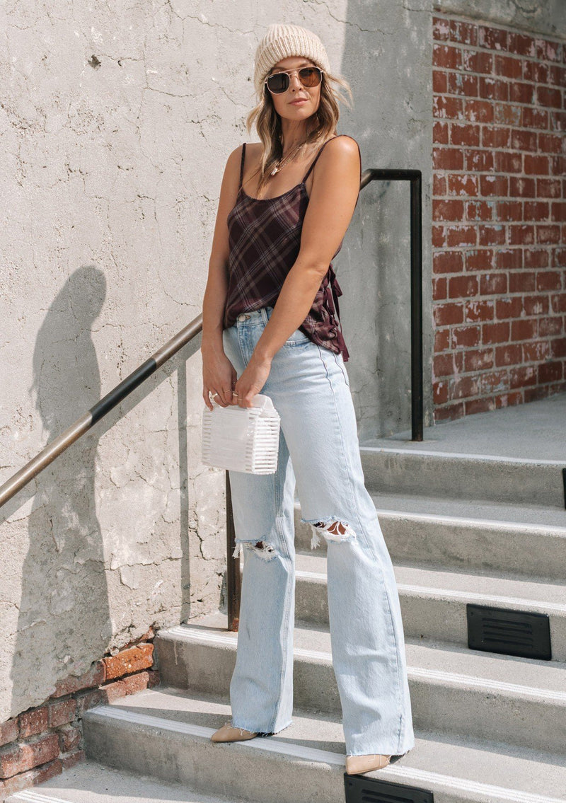 [Color: Burgundy] A lightweight cotton plaid camisole featuring a sexy wrap back detail with side tie closure, double spaghetti straps, and a flattering scooped neckline. An ultra cute style that is paired here with denim and heeled sandals.