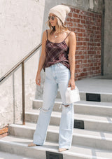 [Color: Burgundy] A lightweight cotton plaid camisole featuring a sexy wrap back detail with side tie closure, double spaghetti straps, and a flattering scooped neckline. An ultra cute style that is paired here with denim and heeled sandals.