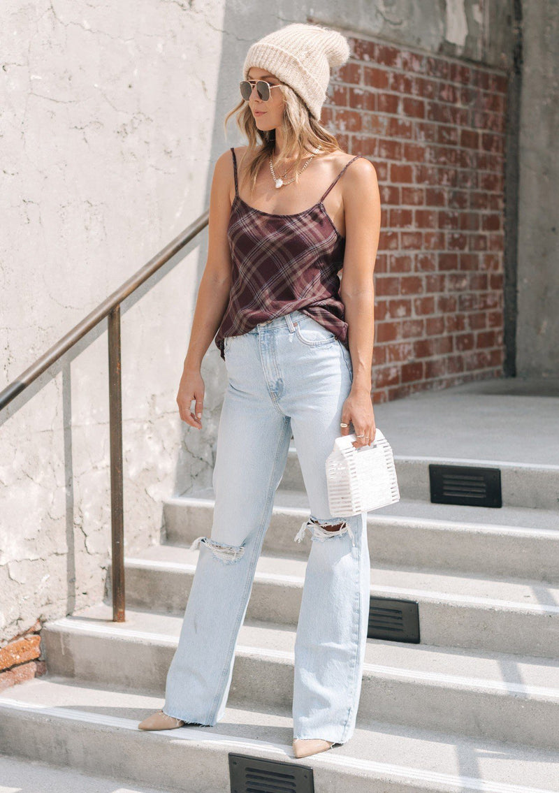 [Color: Burgundy] A lightweight cotton plaid camisole featuring a sexy wrap back detail with side tie closure, double spaghetti straps, and a flattering scooped neckline. An ultra cute style that is paired here with denim and heeled sandals.