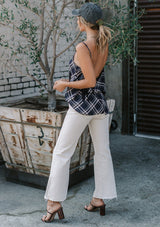 [Color: Navy] A lightweight cotton plaid camisole featuring a sexy wrap back detail with side tie closure, double spaghetti straps, and a flattering scooped neckline. An ultra cute style that is paired here with denim and heeled sandals.