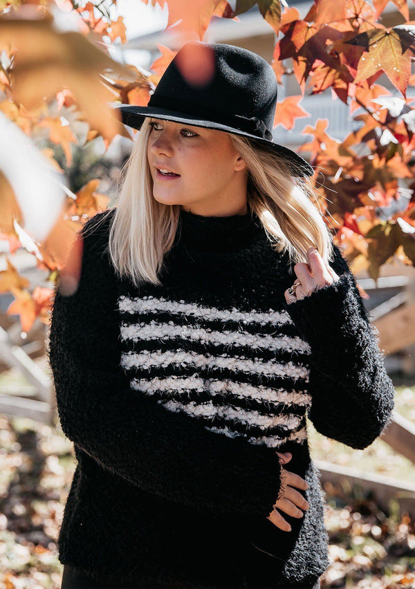[Color: Black Cream] An effortlessly chic pullover featuring long sleeves, a warm mock neck, and a fuzzy popcorn texture that has a buttery soft hand feel. The classic all around stripe detail adds a cool touch to this must have pullover for Fall.