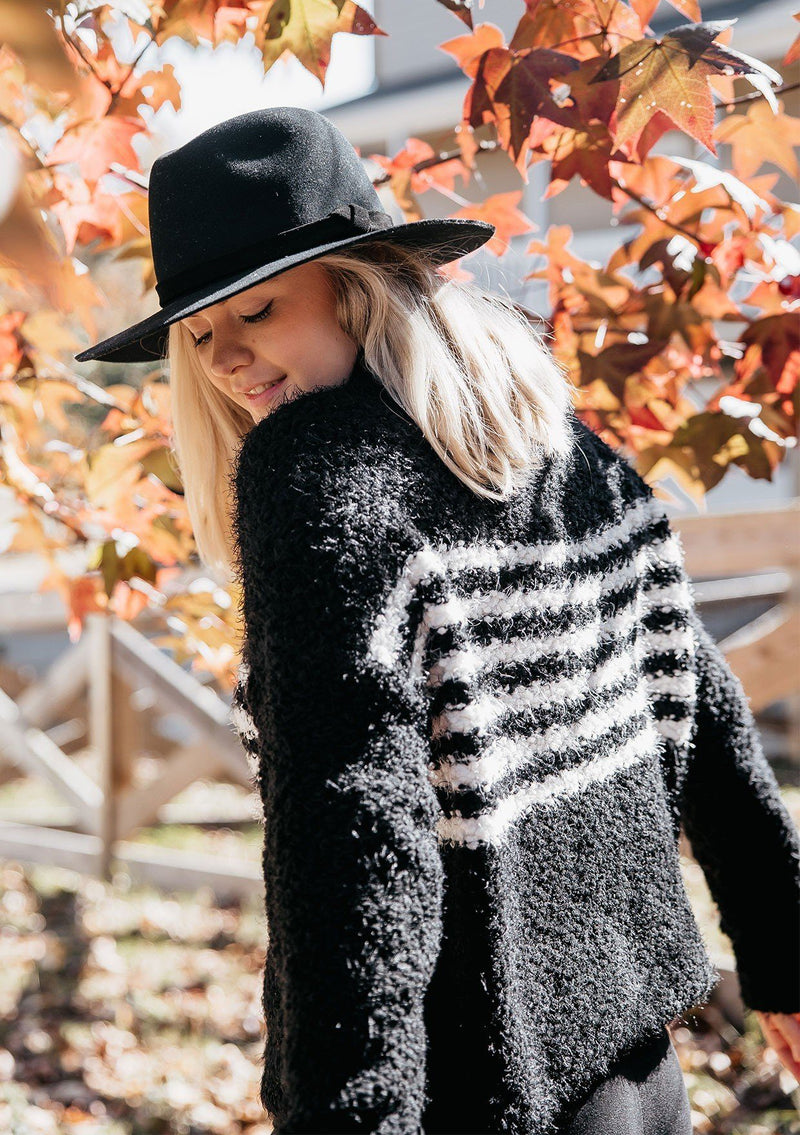 [Color: Black Cream] An effortlessly chic pullover featuring long sleeves, a warm mock neck, and a fuzzy popcorn texture that has a buttery soft hand feel. The classic all around stripe detail adds a cool touch to this must have pullover for Fall.