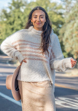 [Color: Cream Blush] An effortlessly chic pullover featuring long sleeves, a warm mock neck, and a fuzzy popcorn texture that has a buttery soft hand feel. The classic all around stripe detail adds a cool touch to this must have pullover for Fall.