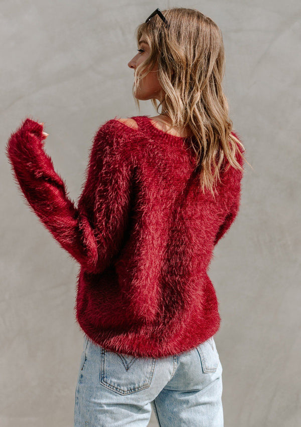 [Color: Merlot] Super soft fuzzy pullover sweater with cold shoulder cut out details.