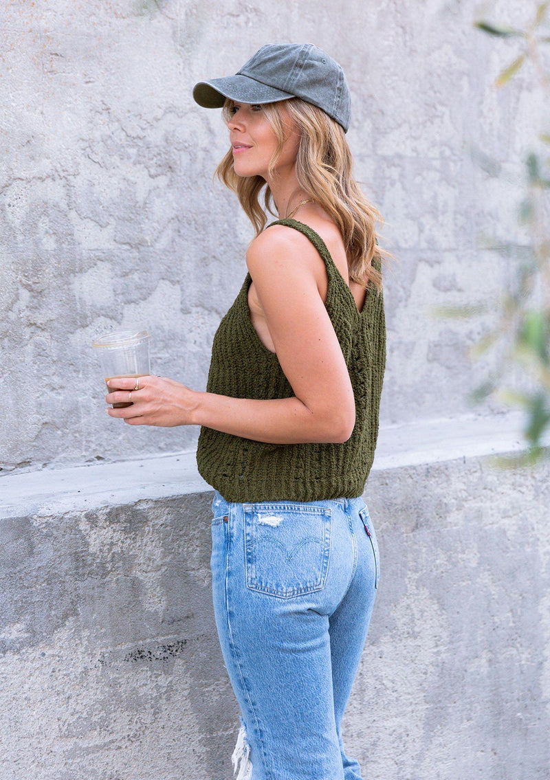 [Color: Military] Versatile ribbed sweater tank top that can be dressed up or down. Featuring a flattering double v neckline in front and back and pretty open stitch details.