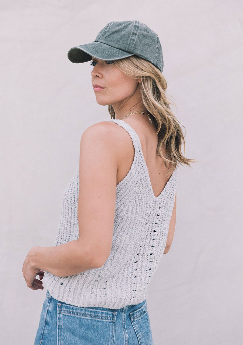 [Color: Silver] Versatile ribbed sweater tank top that can be dressed up or down. Featuring a flattering double v neckline in front and back and pretty open stitch details.