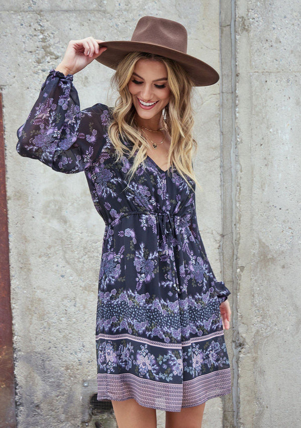 [Color: Black Stone] A romantic bohemian floral print mini dress. Featuring an empire waist with an adjustable drawstring, voluminous long sleeves, and a flattering v neckline. 