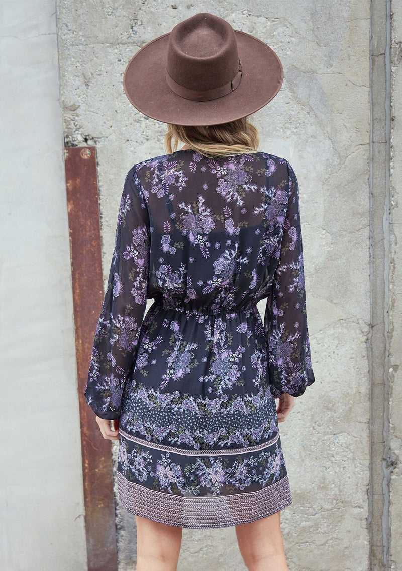 [Color: Black Stone] A romantic bohemian floral print mini dress. Featuring an empire waist with an adjustable drawstring, voluminous long sleeves, and a flattering v neckline. 