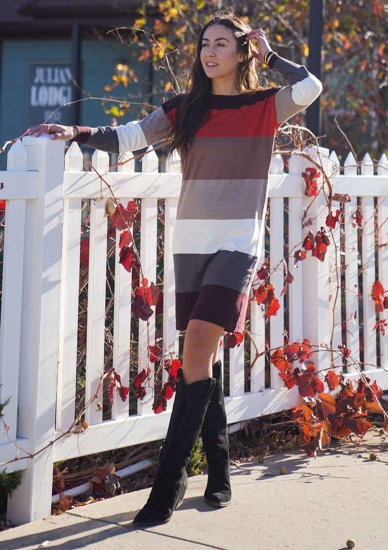 [Color: Heather Burgundy] A sophisticated mini sweater dress in a block stripe. Super soft with the right amount of stretch, this classic style features a wide crew neckline.