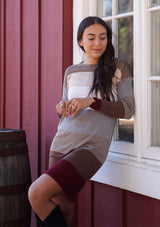 [Color: Wine/Heather Taupe] A sophisticated mini sweater dress in a block stripe. Super soft with the right amount of stretch, this classic style features a wide crew neckline.