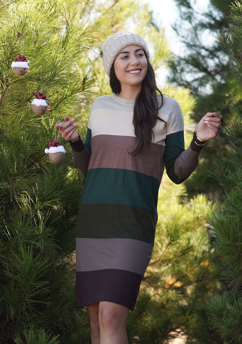 [Color: Brown/Walnut] A sophisticated mini sweater dress in a block stripe. Super soft with the right amount of stretch, this classic style features a wide crew neckline.