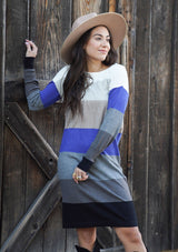 [Color: Black/Heather Pewter] A sophisticated mini sweater dress in a block stripe. Super soft with the right amount of stretch, this classic style features a wide crew neckline.